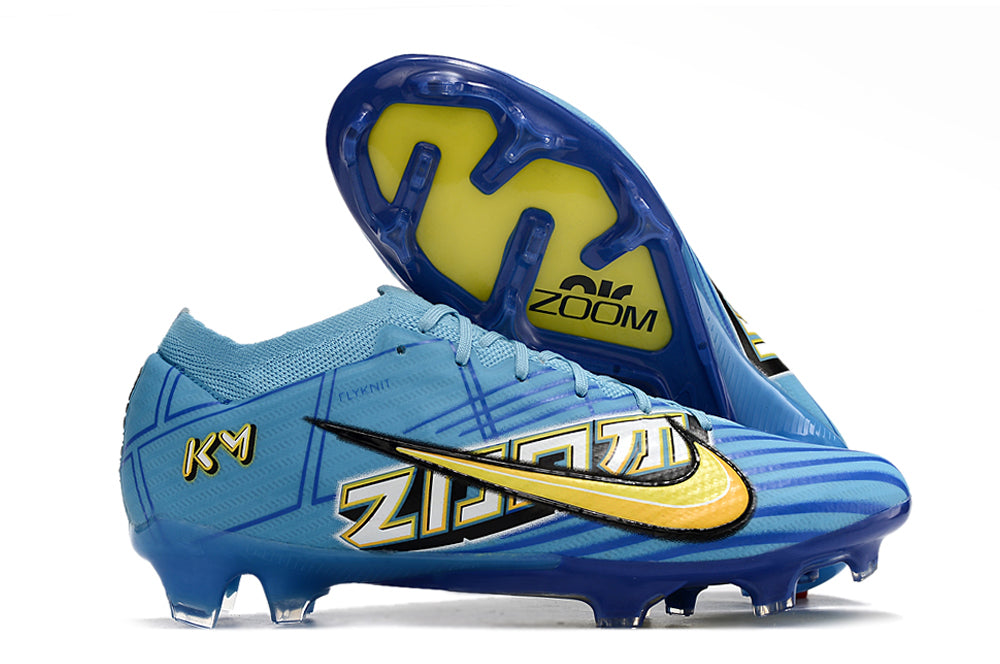 Chuteiras de futebol de campo firmes Kylian Mbappé x Nike Air Zoom Mercurial Vapor 15 Elite FG - Azul/Amarelo/Preto | Football Boots (Cópia)